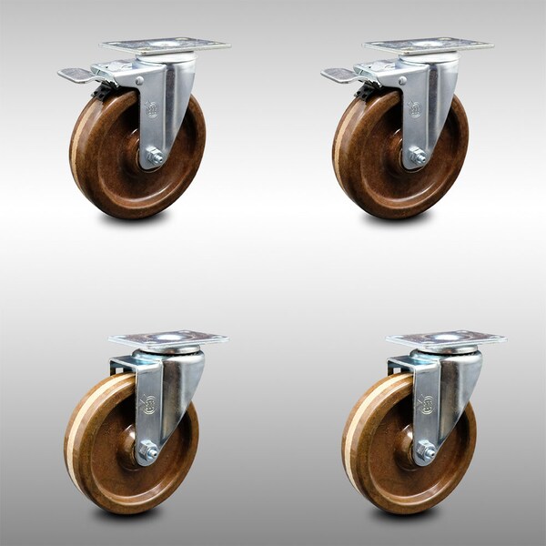 5 Inch SS High Temp Phenolic Top Plate Caster Total Lock Brakes SCC, 2PK